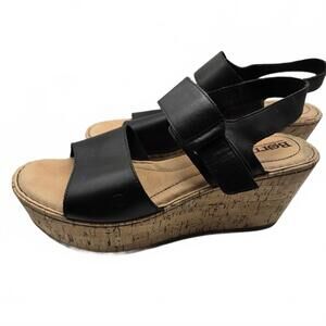 Born Black Leather Cork Wedge Sandals Platform Boho Chic Women's 9.5 M Comfort